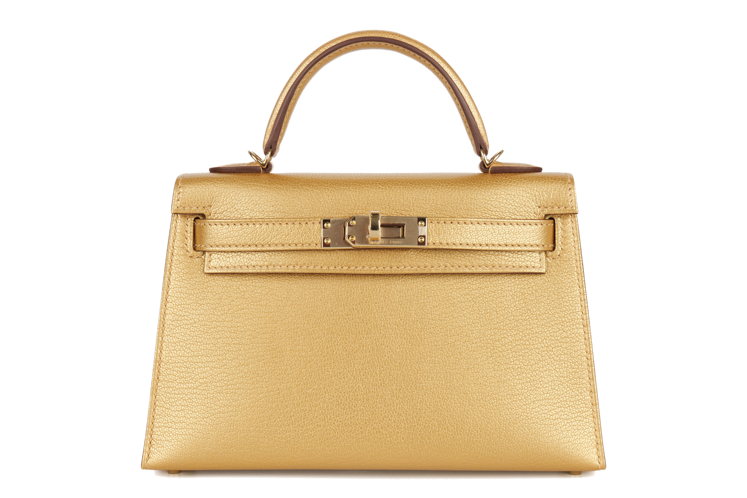 Hermes Metallic Dore Chevre Chamkila Permabrass hardware Mini Kelly W stamp