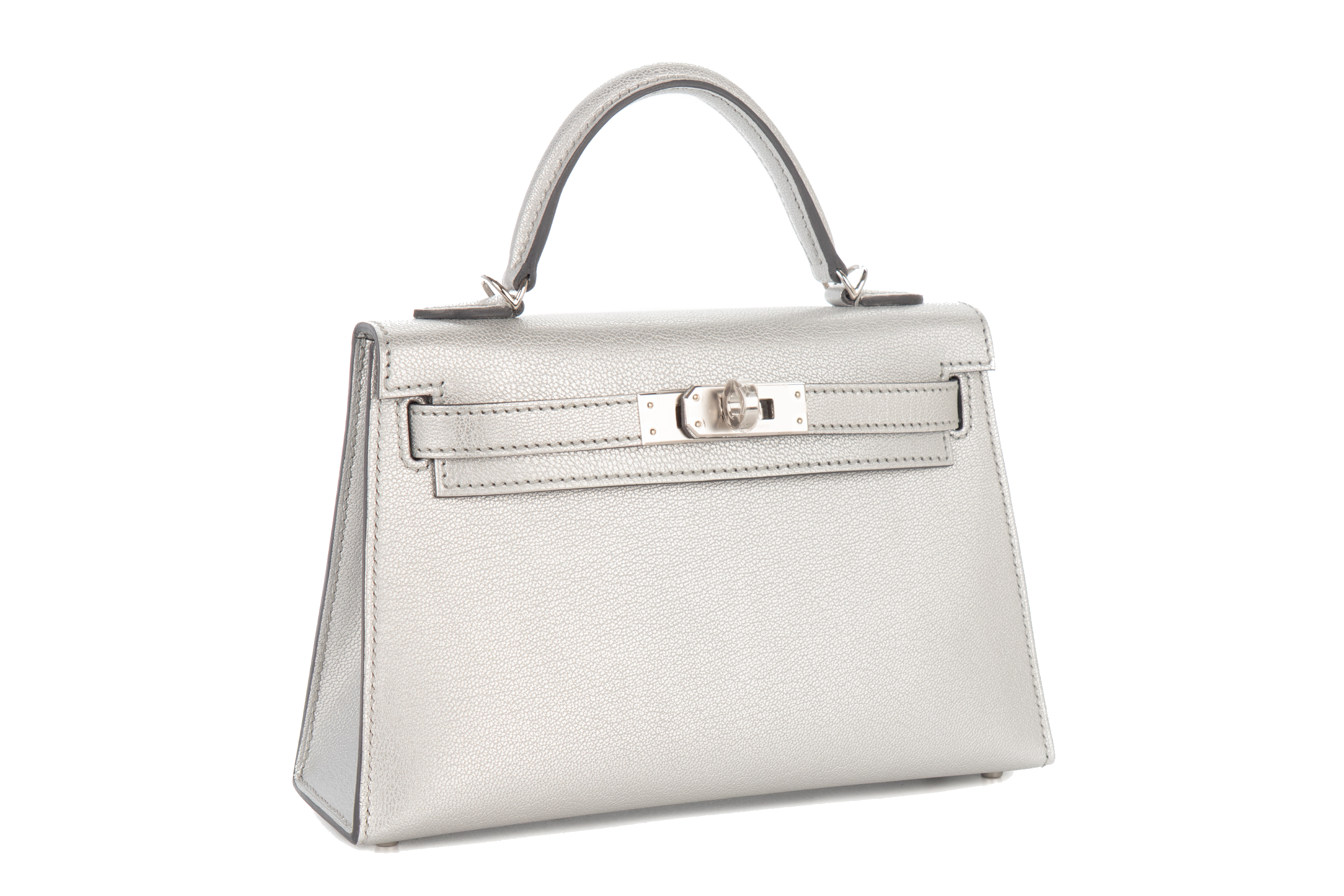 Hermes Metallic Gris Argente Chevre Chamkila Silver hardware Mini Kelly W stamp view 2