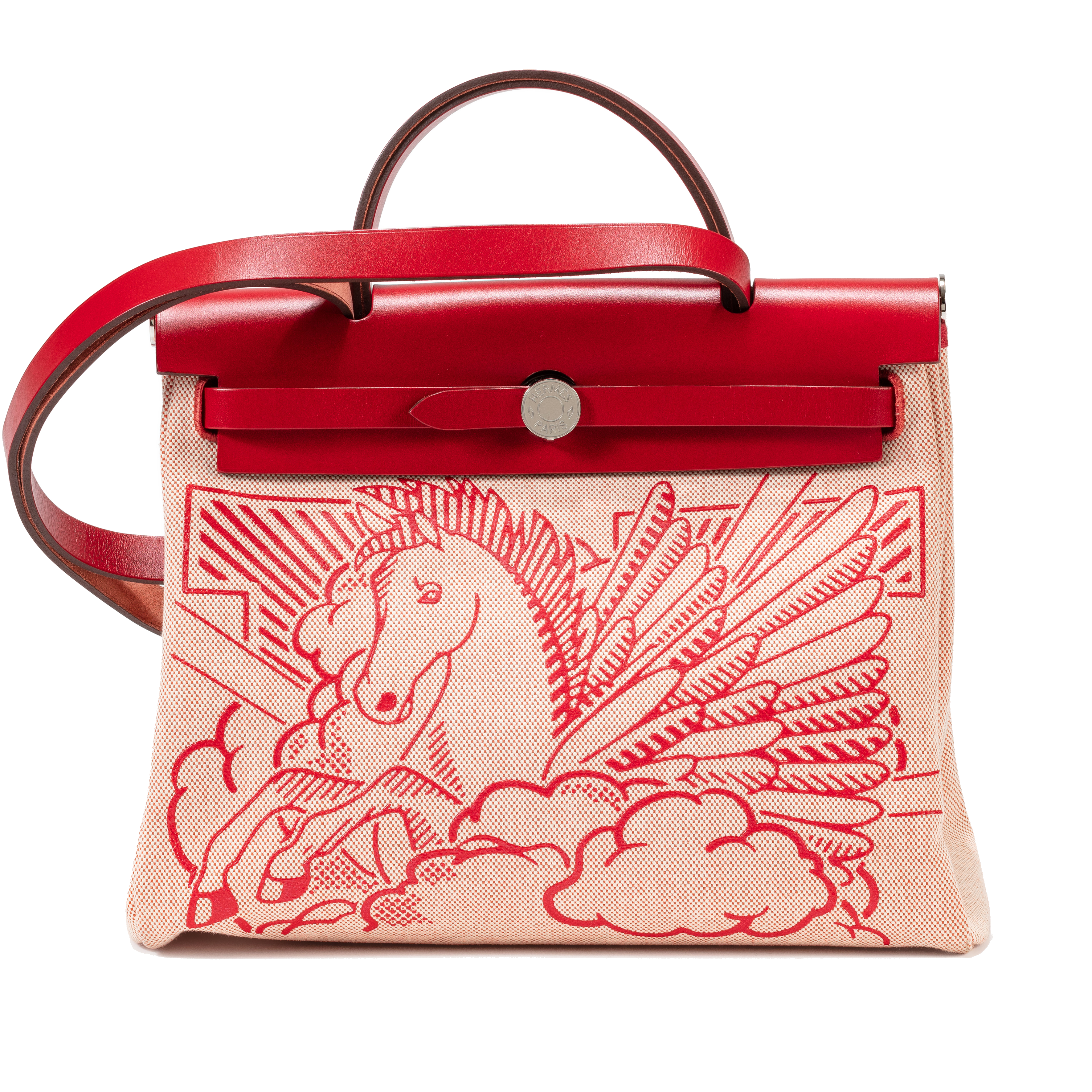 Hermès Rouge Piment Hunter Leather and Canvas Pegasus Pop Herbag Zip 31 Palladium Hardware Z stamp 