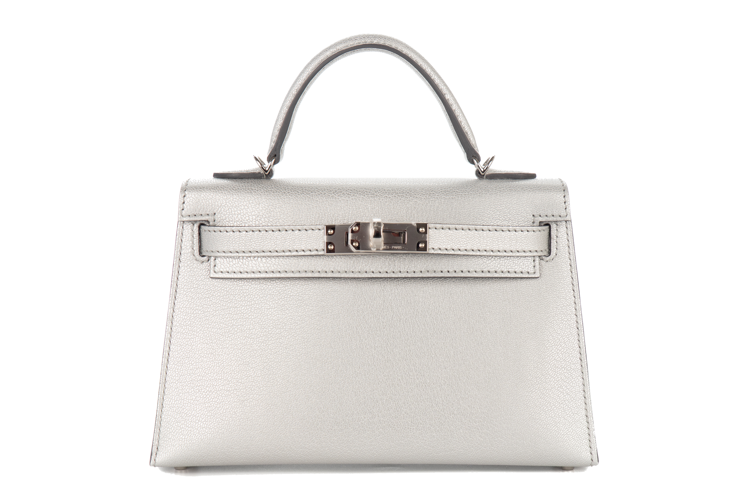 Hermes Metallic Gris Argente Chevre Chamkila Silver hardware Mini Kelly W stamp