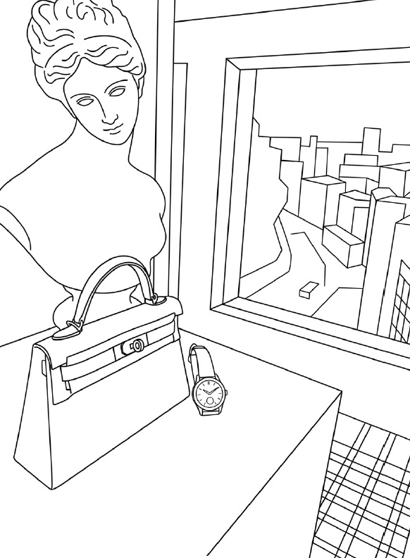 Line sketch of marble bust beside a Kelly handbag and watch on a plinth