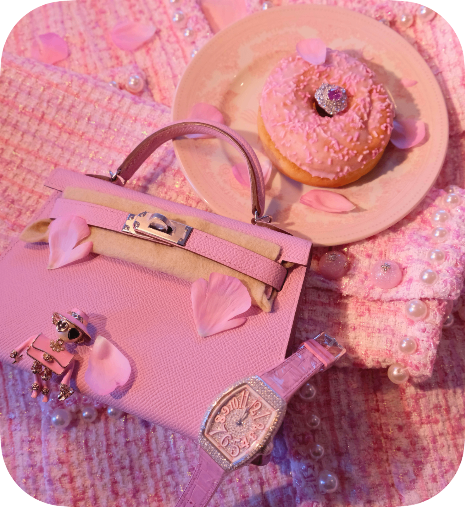 Pink Hermes Kelly mini with Franck Muller diamond watch, jewelled charm and pearls on pink tweed