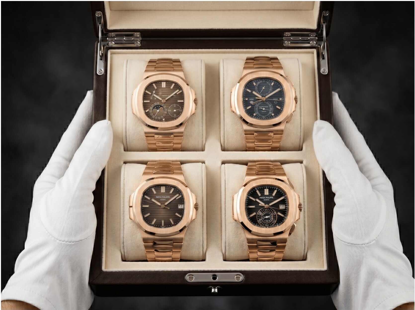 A pair of gloved hands holding an open watch box with four rose gold Patek Philippe Nautilus watches