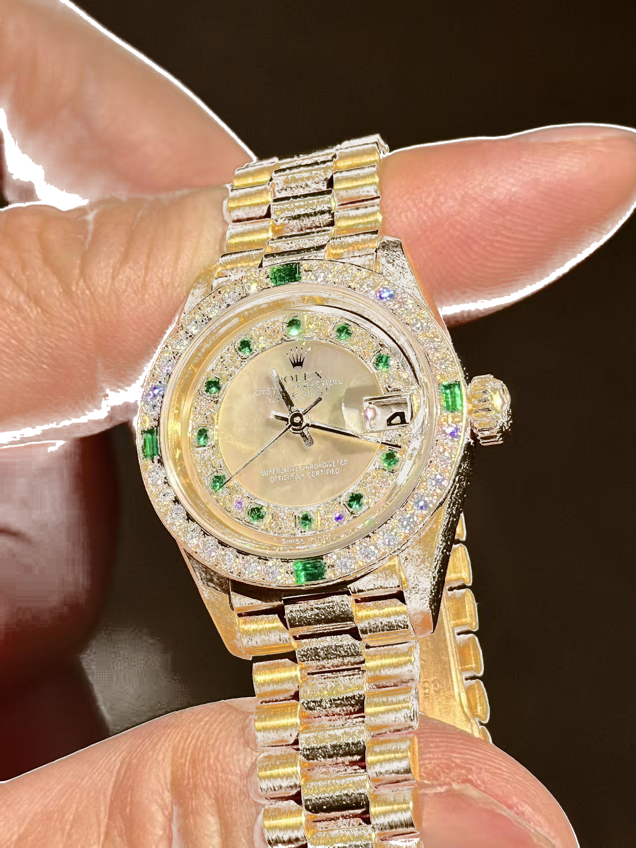 Rolex Vintage 69078 Mother of Pearl Emerald Dial 28mm 18k Yellow Gold President Bracelet view 2