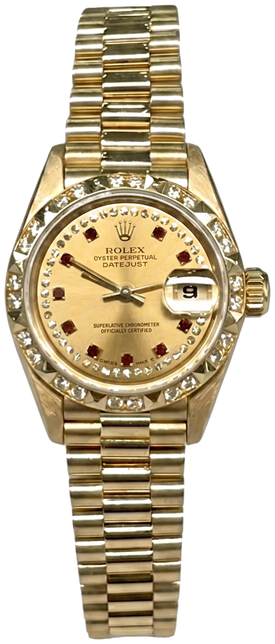 Rolex 69258 18K Yellow Gold Datejust Diamond String with Ruby Diamond-Fluted Bezel