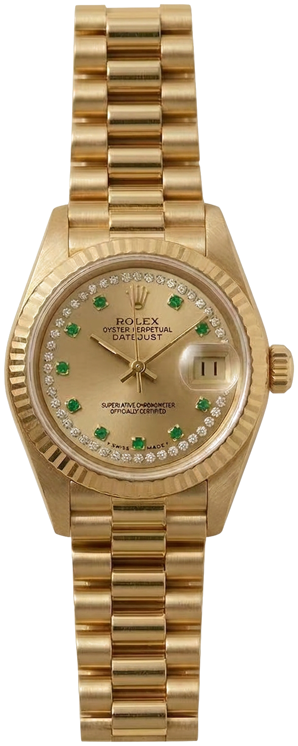 Rolex Vintage 69178 Emerald and Diamond-String Dial 28mm Datejust 18k Yellow Gold President Bracelet