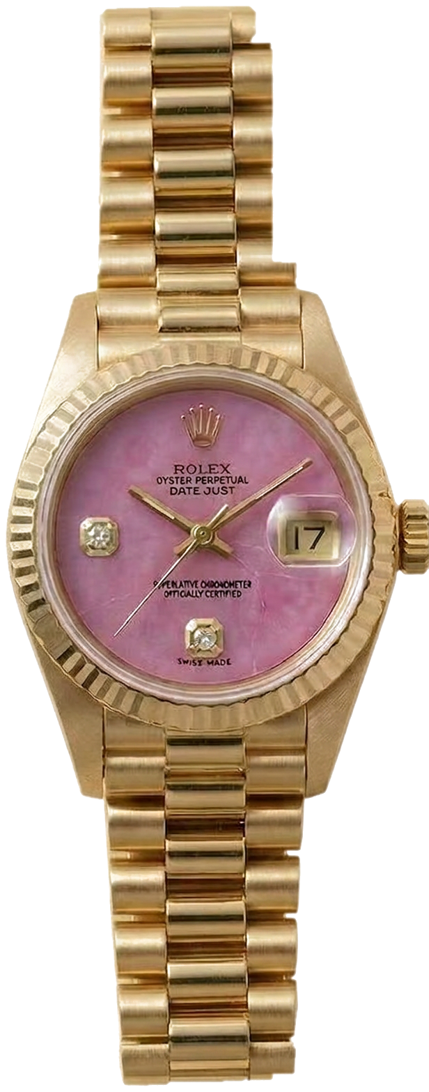Rolex Vintage Pink Jadeite 69178 Six and Nine O'Clock Diamond Hour Marker 28mm Vintage Datejust 18k Yellow Gold President Bracelet
