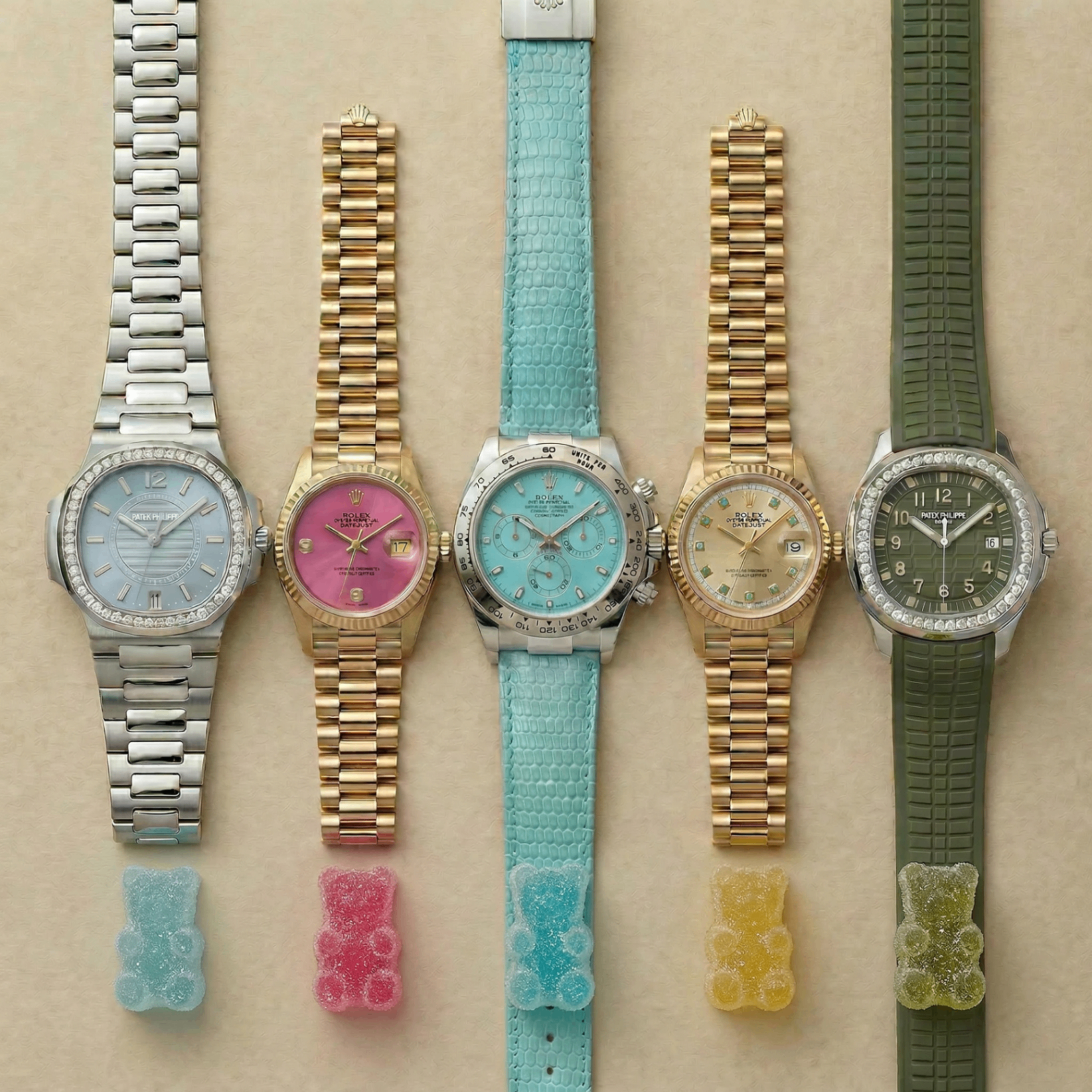 A seasonal flat-lay of five ladies wristwatches on warm beige paper